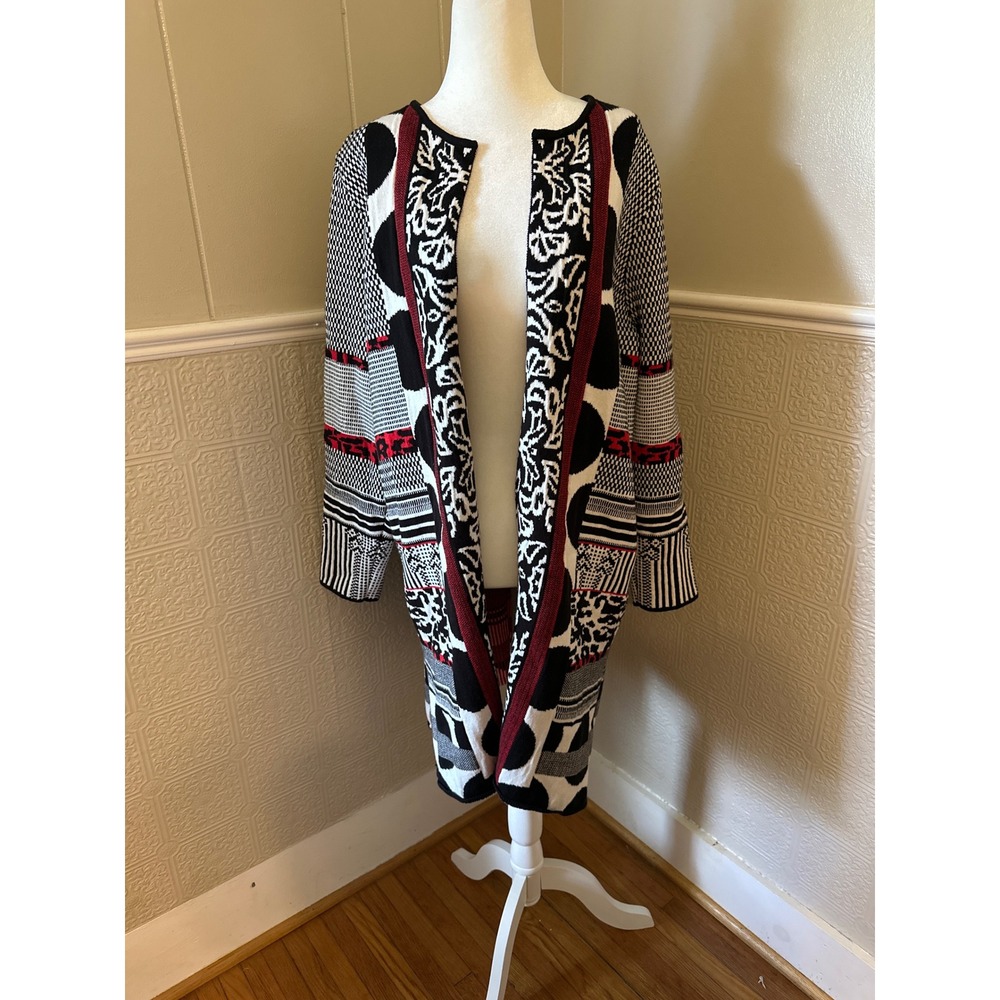 Chicos Black White Red Geometric Floral Knit Long Open Front Cardigan Size 3 XL